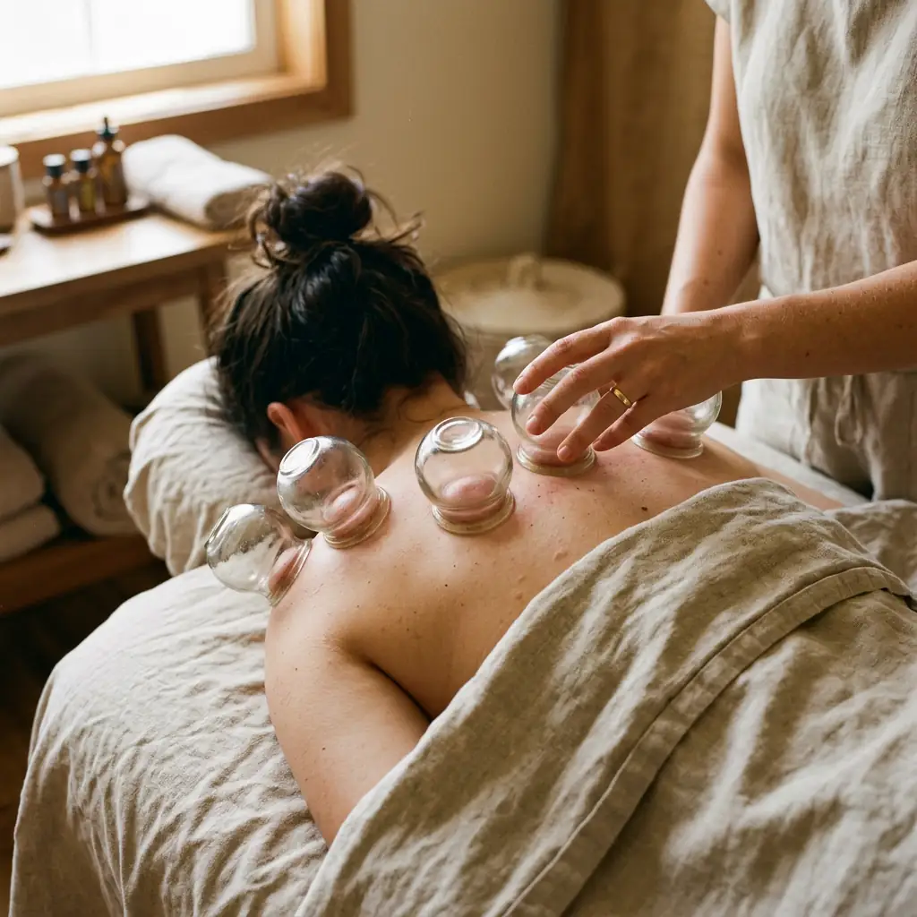 Therapist placing a suction cup on a client's upper back, four cups already set along the shoulders