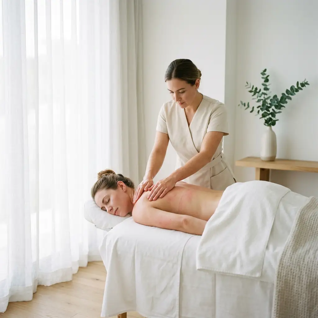 Massage therapist working a client's mid-back by hand in a bright, calm treatment room