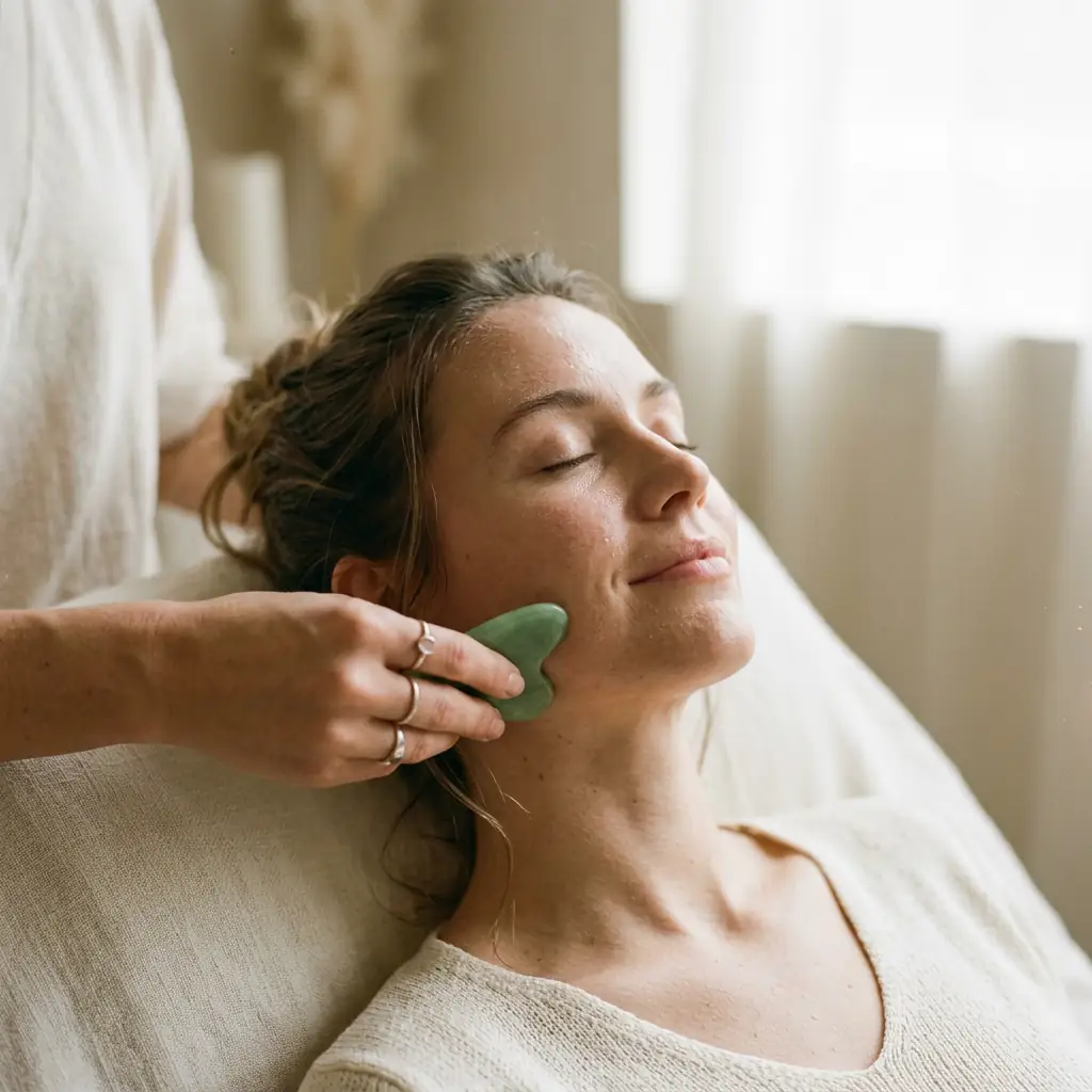 Therapist stroking a smooth-edged gua sha tool along a client's jaw and neck during a gua sha session