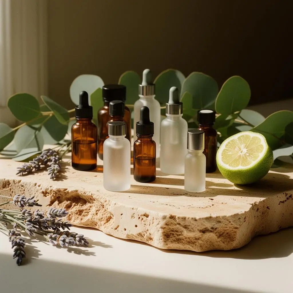 Small bottles of massage oil and dried botanicals arranged on a linen cloth in a quiet treatment room