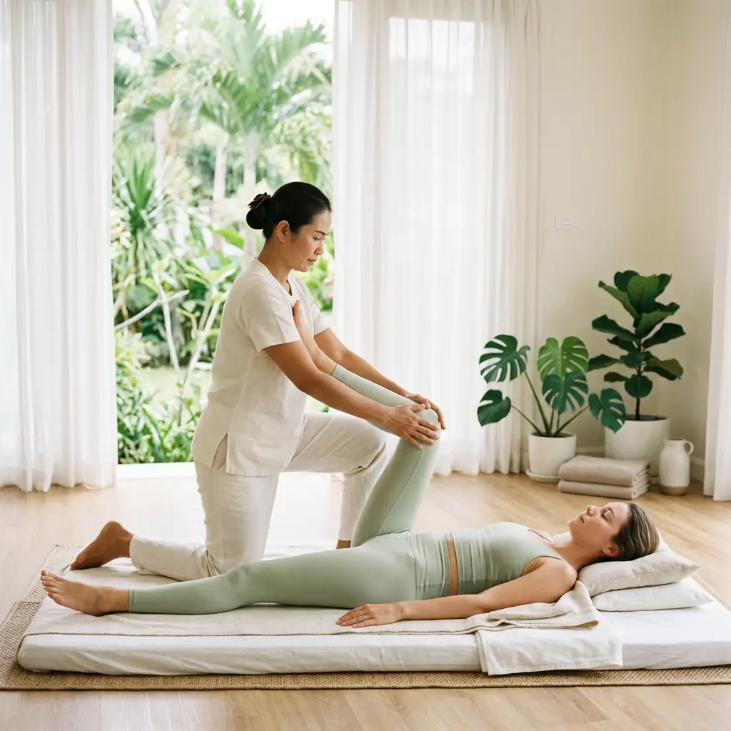 Therapist applying an assisted stretch to a client on a padded floor mat during a futon-style massage