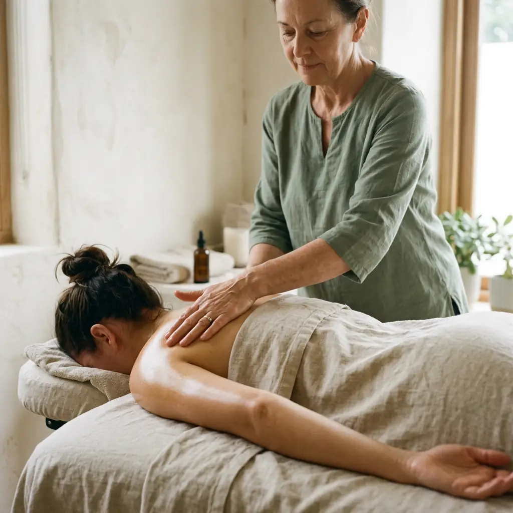 Therapist using long, flowing strokes along a client's back during a Swedish massage